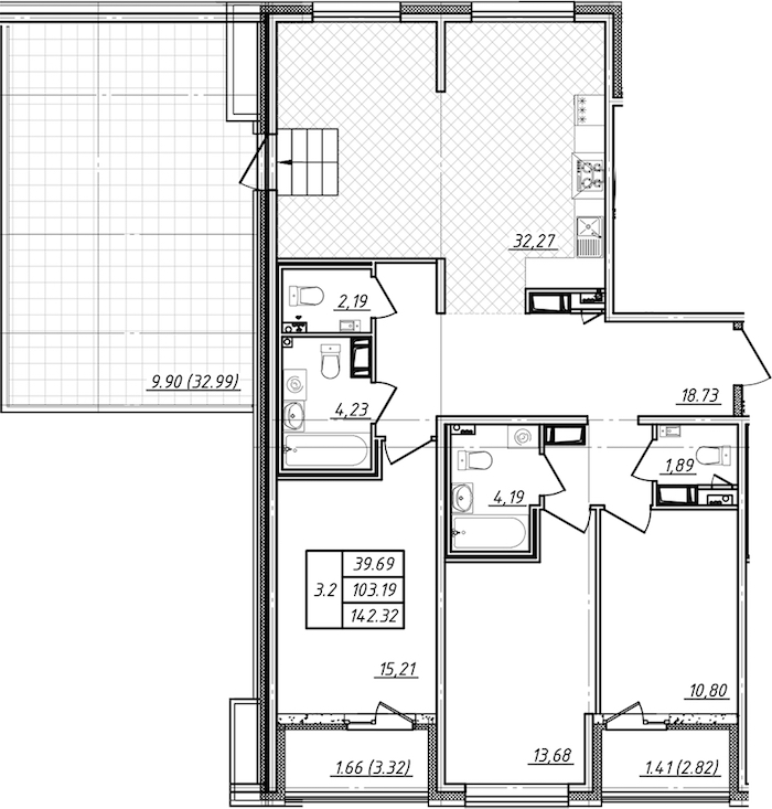 3-комнатная квартира 103.19 м², 13/13 эт., ЖК «Чёрная речка»